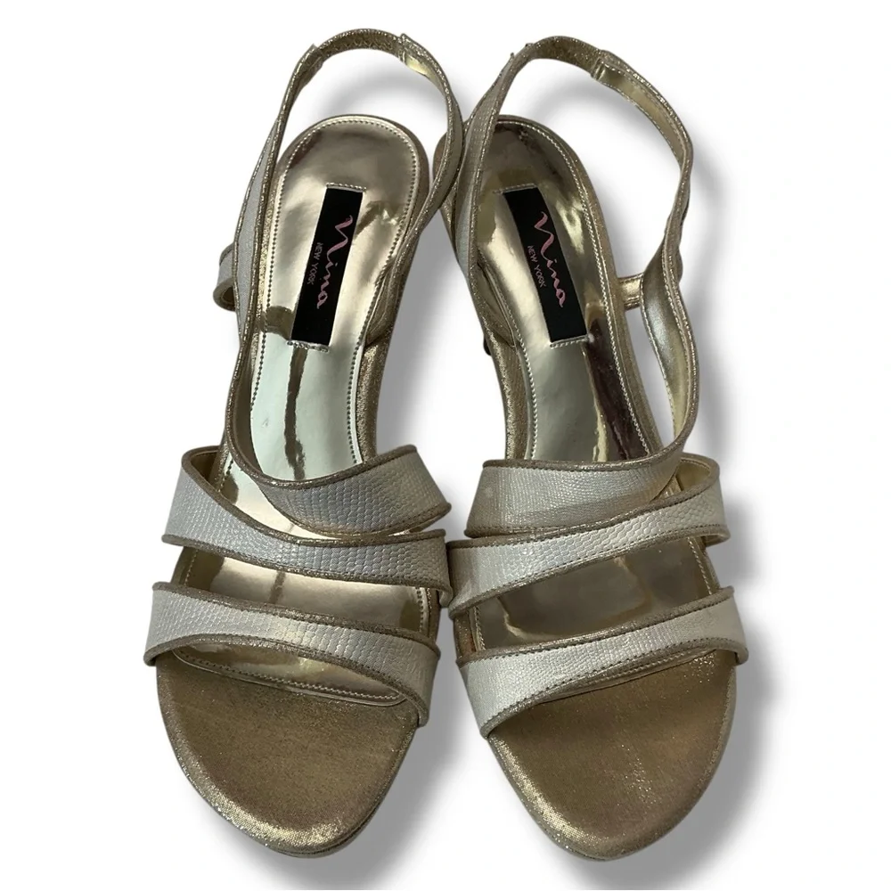 Nina New York Gold Glittery Sparkle Stiletto Slingback Style Heels